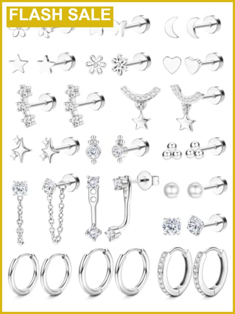 18 Pair Hypoallergenic Flat Back Stud & Hoop Earrings Set 20G Stainless Steel